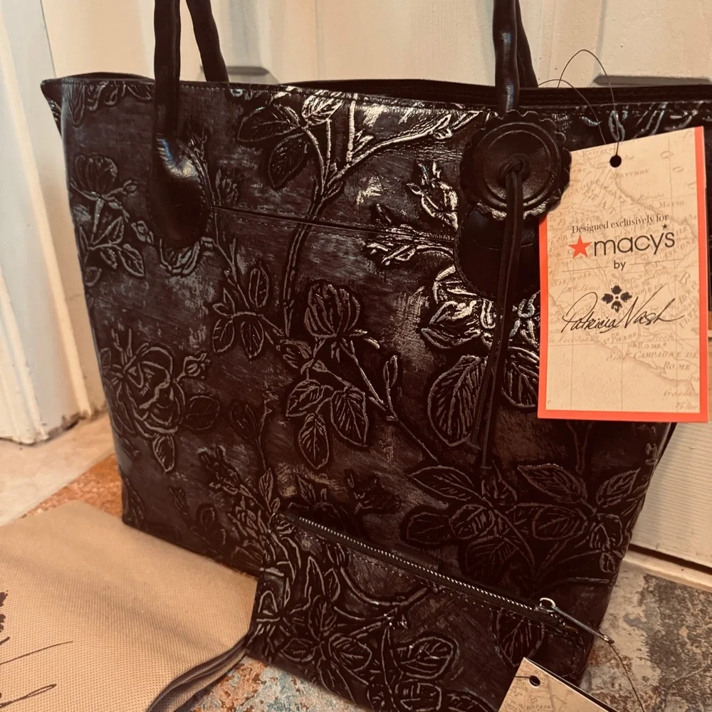 NWT! Elegant Patricia Nash Eastleigh Blackw/Silver Leaf Embossed Leather Tote! - Picture 6 of 15